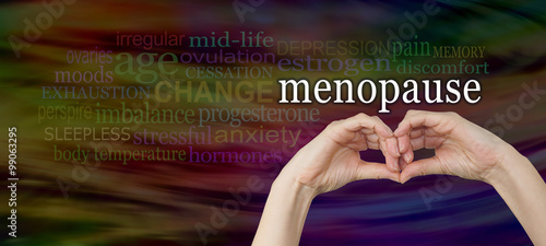 Take a look at the signs and symptoms of menopause -  female hands making a pair of eyes with the word Menopause above, surrounded by a relevant word cloud on a wide dark background photo