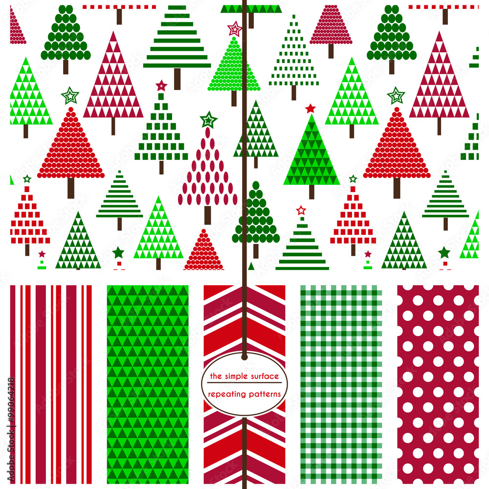 Christmas tree seamless pattern. Geometric shapes create quirky holiday trees for gift wrap, backgrounds, borders, textiles, scrapbook paper and more. 