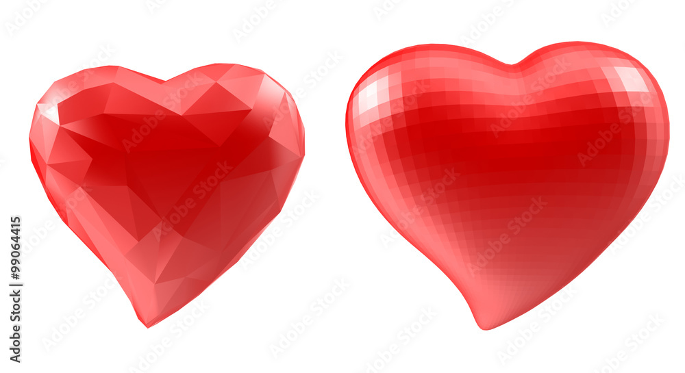 Set of hearts with faceted low-poly geometry effect