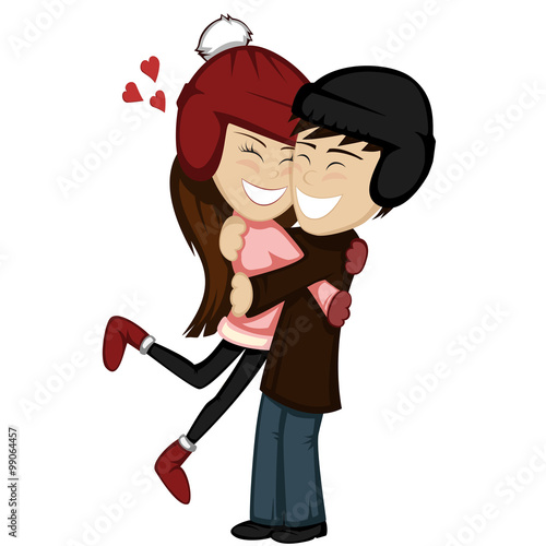 Winter hugs - A lovely couple is embracing and smiling wintertime (a brunette girl and boy).