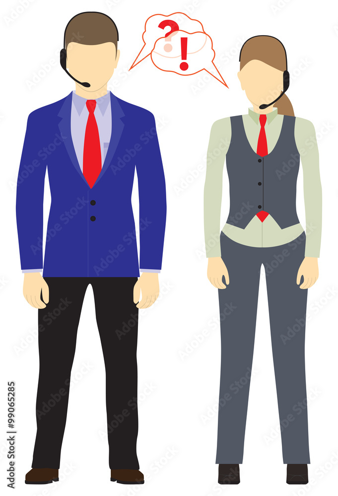Male and female with headsets. Call center. Support service. Male and female with headsets. Call center. Support service.