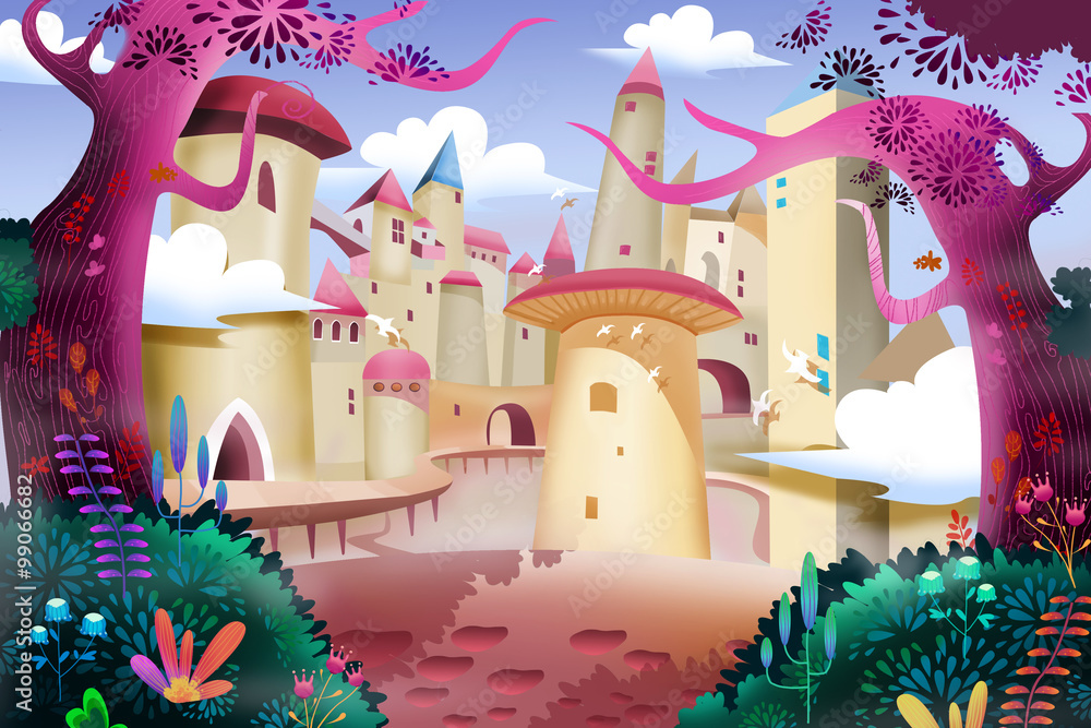 Illustration: Forest Castle. Realistic Fantastic Cartoon Style Artwork