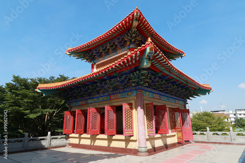 Decorated Tower of Chinese temple's curved roof in Dragon Temple Kammalawat (Wat Lengnoeiyi) in Nonthaburi, Thailand