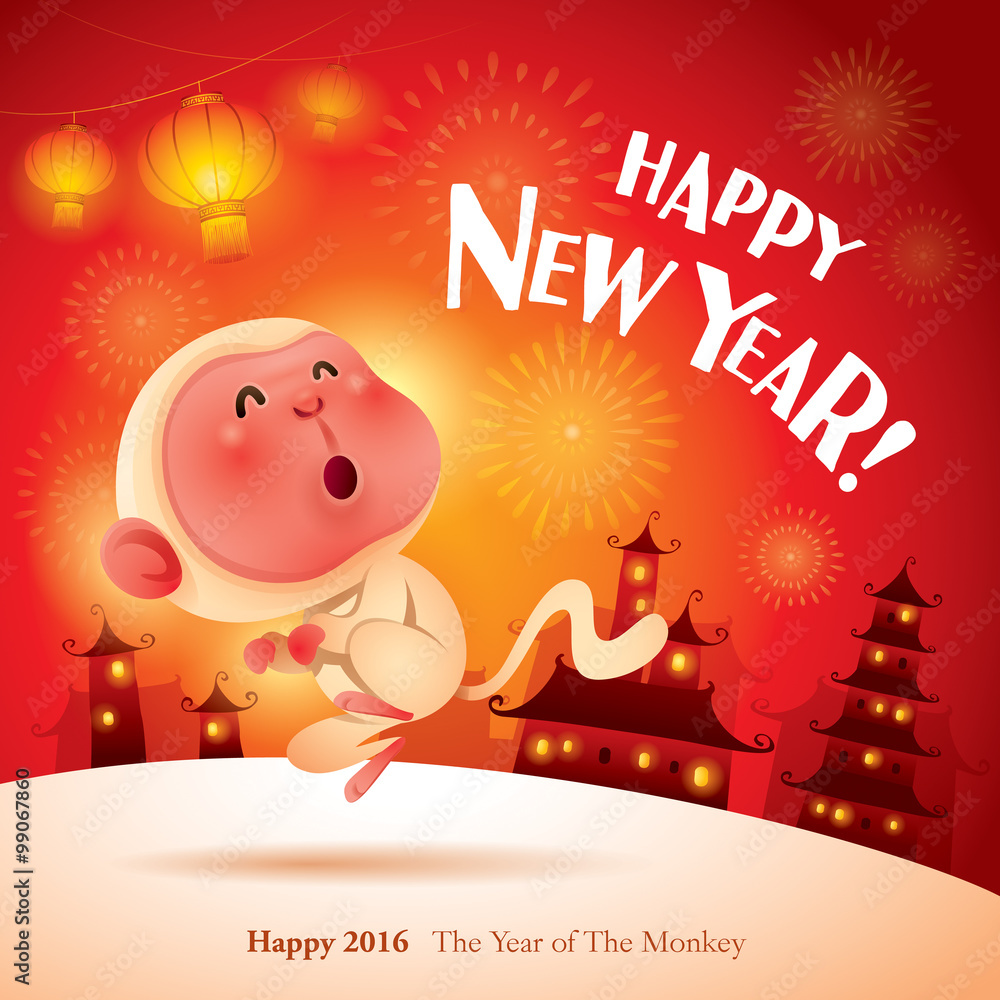 Happy New Year! Chinese Zodiac - Monkey. Chinese New Year 2016.