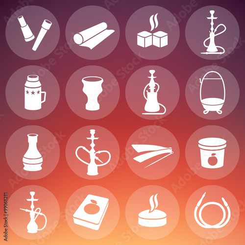 Set of vector hookah icons. Waterpipes, tobacco, charcoal and accessories. Labels for hookah shop or hookah lounge.