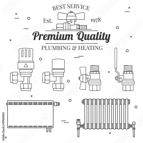 Ball valve icons and central Heating Radiators icons thin line f