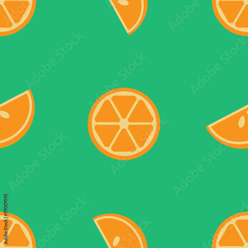 Vector seamless orange pattern with lobules or segments or sections of orange on green background. Design for cards, menu, textile, fabric.