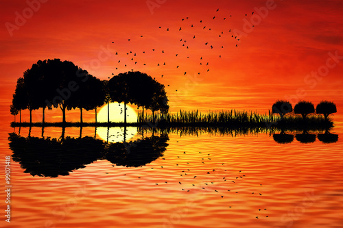Obraz na płótnie Trees arranged in a shape of a guitar on a sunset background