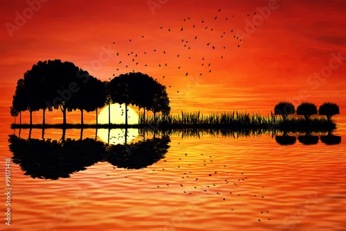 Obraz Trees arranged in a shape of a guitar on a sunset background. Music island with a guitar reflection in water