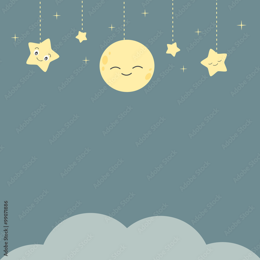 cute vector cartoon night background with stars moon and cloud Stock Vector  | Adobe Stock