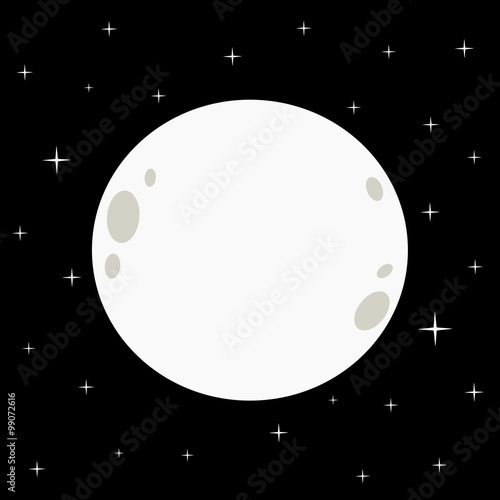 big white full moon in a black dark starry night vector background illustration
