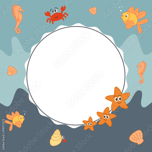 vector sea frame background with cute cartoon marine world sea animals