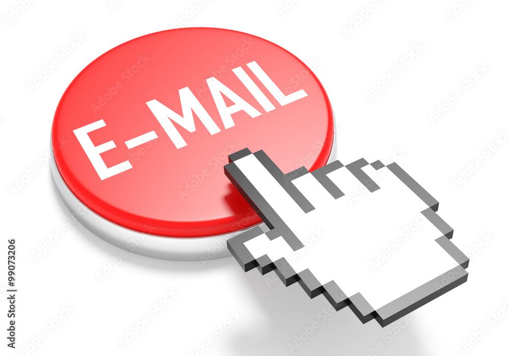 Mouse Hand Cursor on Red E-Mail Button. 3D Illustration. Mouse Hand Cursor on Red E-Mail Button. 3D Illustration.