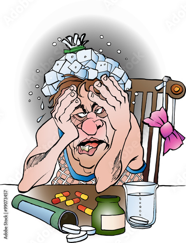 Vector cartoon illustration of a man with hangover