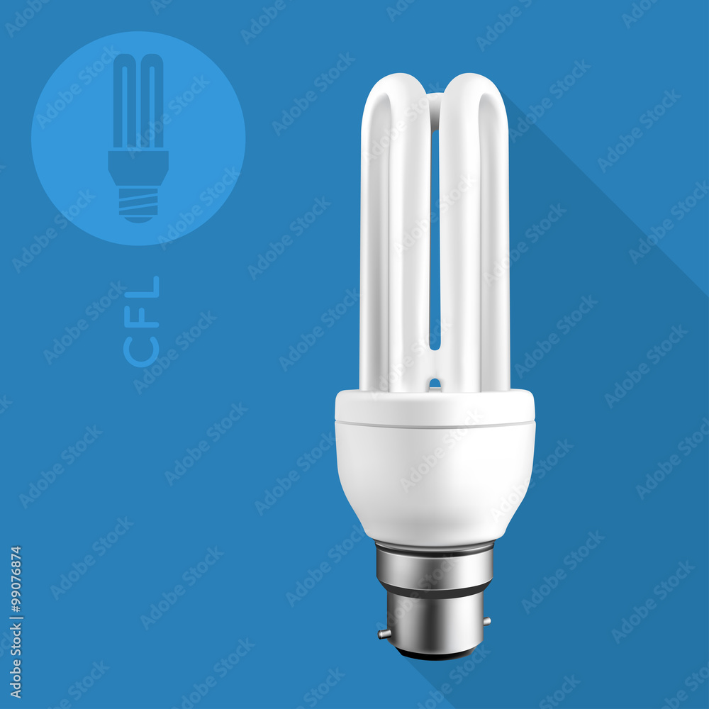 Flat CFL fluorescent light bulb with icon on blue background. Vector illustration. Flat CFL fluorescent light bulb with icon on blue background. Vector illustration.