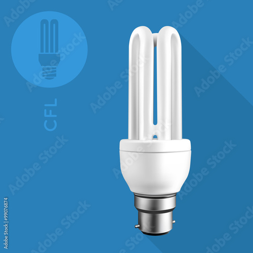 Flat CFL fluorescent light bulb with icon on blue background. Vector illustration.