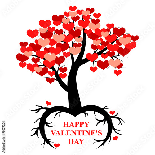 Tree decorated hearts with roots in the form of heart
