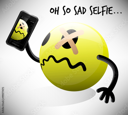 Selfie photo of sad emoticon character with mobile smart phone. Vector illustration.