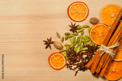 Spices on  wooden background