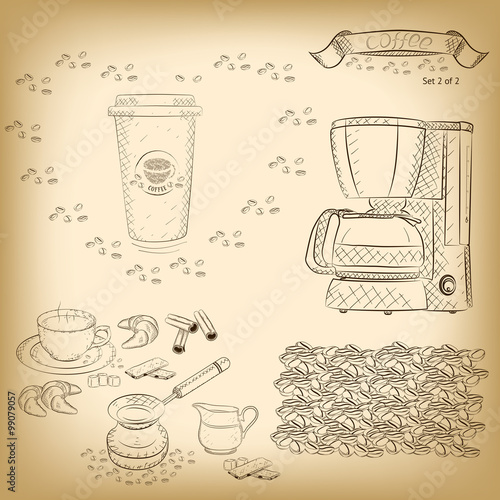 Coffee set (texture of coffee beans, cup, coffee machine, sugar, cinnamon, cezve, milk jug, biscuit, croissant, coffee beans, saucer, paper cup, ribbon, heart). Set 2 of 2