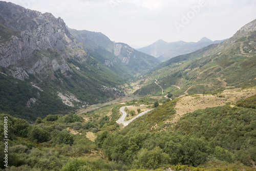 Mountain road in Saliencia Valley, Somiedo Nature Reserve. It is located in the central area of the Cantabrian Mountains in the Principality of Asturias in northern Spain