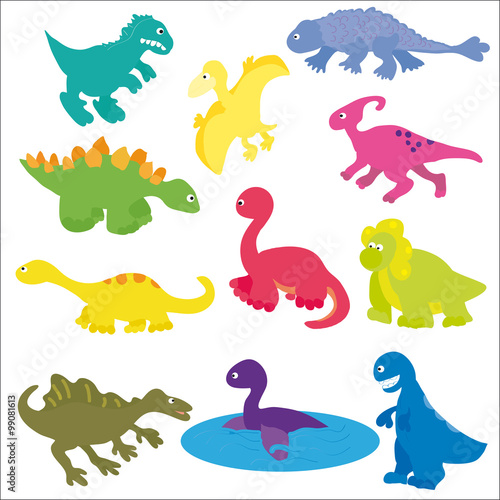 Vector collection of various kinds of cute cartoon dinosaurs. © NataliaL