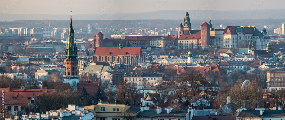 Obraz Panoramiczny widok na Zamek Królewski na Wawelu w Krakowie i kościół św. Józefa, widok z Kopca Krakusa