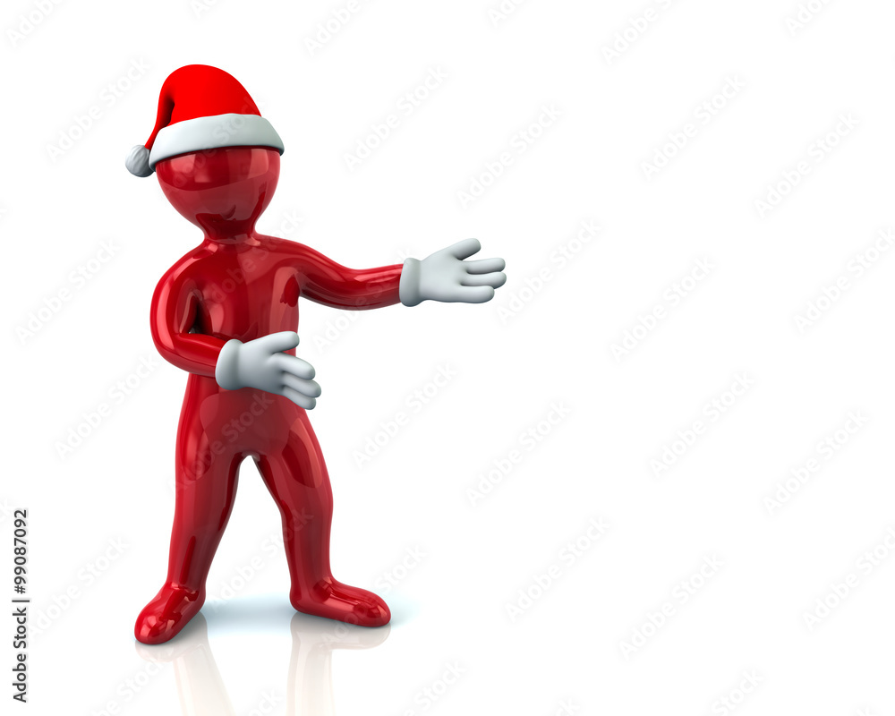 Red cartoon man in Santa hat presenting empty space Red cartoon man in Santa hat presenting empty space