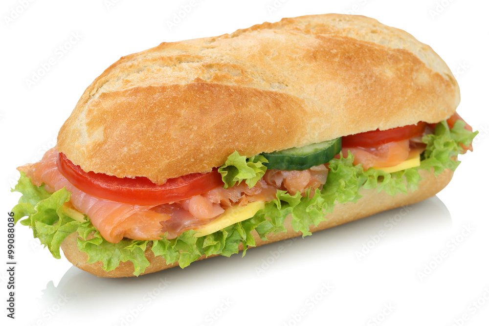 Sandwich Baguette belegt mit Lachs Fisch Freisteller Sandwich Baguette belegt mit Lachs Fisch Freisteller