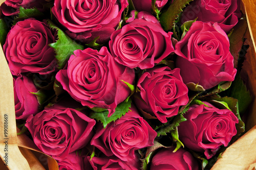 Bouquet of pink roses. View from above.