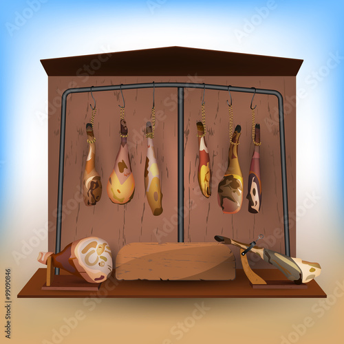 ham hanging and lying on the stand