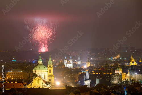 Prague fireworks during New Year Celebration 2016 at Vítkov, Lesser Town, Prague, Czech republic