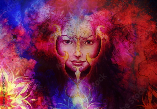 Beautiful Painting Goddess Woman with ornamental mandala and color abstract background  and desert crackle..