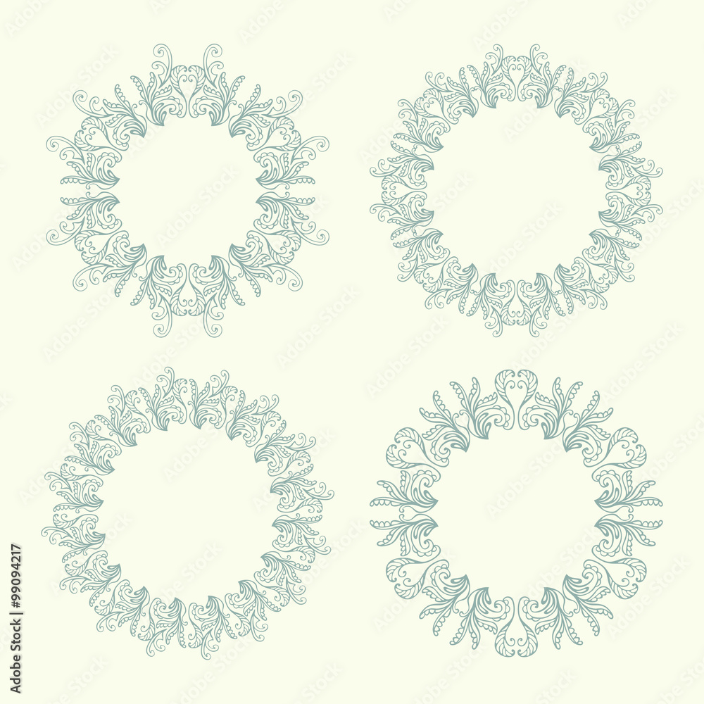 Set of four round floral ornamental frames. Vintage circular pattern. Vector illustration
