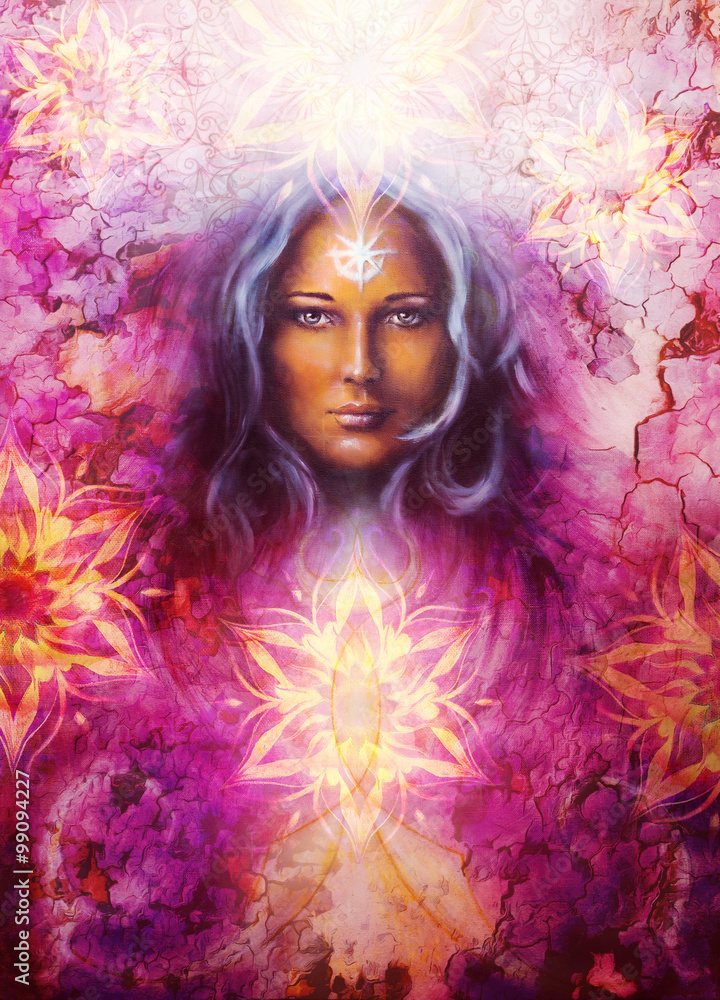 Obraz premium Beautiful Painting Goddess Woman with ornamental mandala and color abstract background and desert crackle..