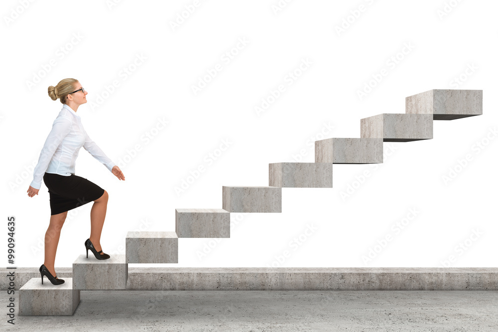Business woman walking up a staircase. Isolated on white

