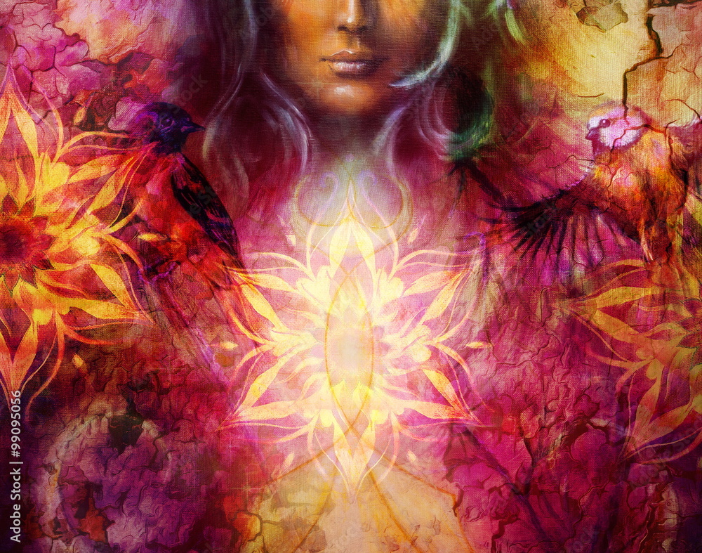 Fototapeta premium Beautiful Painting Goddess Woman with ornamental mandala and color abstract background and bird.
