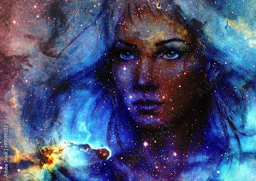Fotografia Pięknego obrazu kobiety bogini i koloru astronautyczny tło z gwiazdami