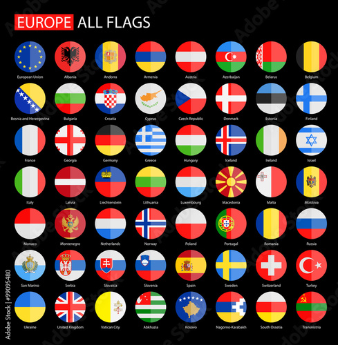 Flat Round Flags of Europe on Black Background - Full Vector Collection. Vector Set of Round European Flags.
