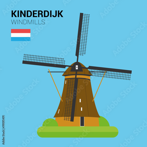 Vector illustration of Kinderdijk Windmills (Kinderdijk, Netherlands). Monuments and landmarks Collection. EPS 10 file compatible and editable.