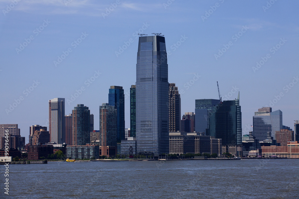 A view of Jersey City on the Hudson River across from lower Mahatten, New York City