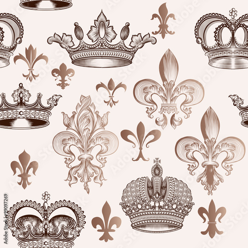 Vintage seamless pattern with crowns and fleur de lis for design