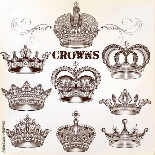 Vector set of hand drawn detailed crowns for design