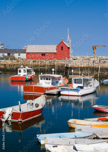 Scenic view of lobster boats moored at a harbor in Rockport, Massachusetts