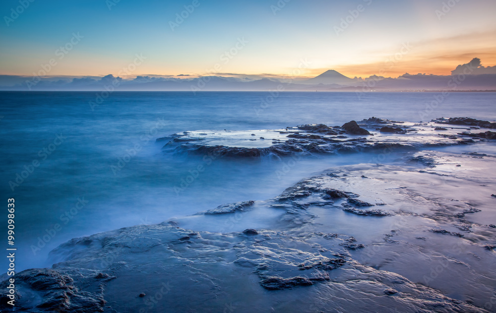 Japan seacape coastline and Mt. Fuji in beautiful sunset
