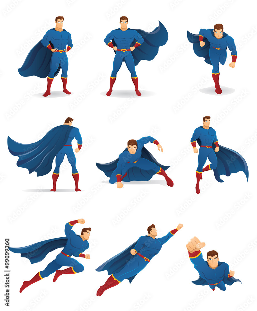 Superhero in Action. Set of Superhero character in 9 different poses with blue cape and blue suit. You can place your company name and logo on their chest. - obrazy, fototapety, plakaty 