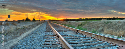 Panoramic view of railroad tracks crossing the frame from right to left. 