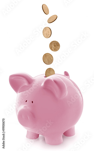 Quadro em tela Pink Piggy Bank with Falling Gold Coins