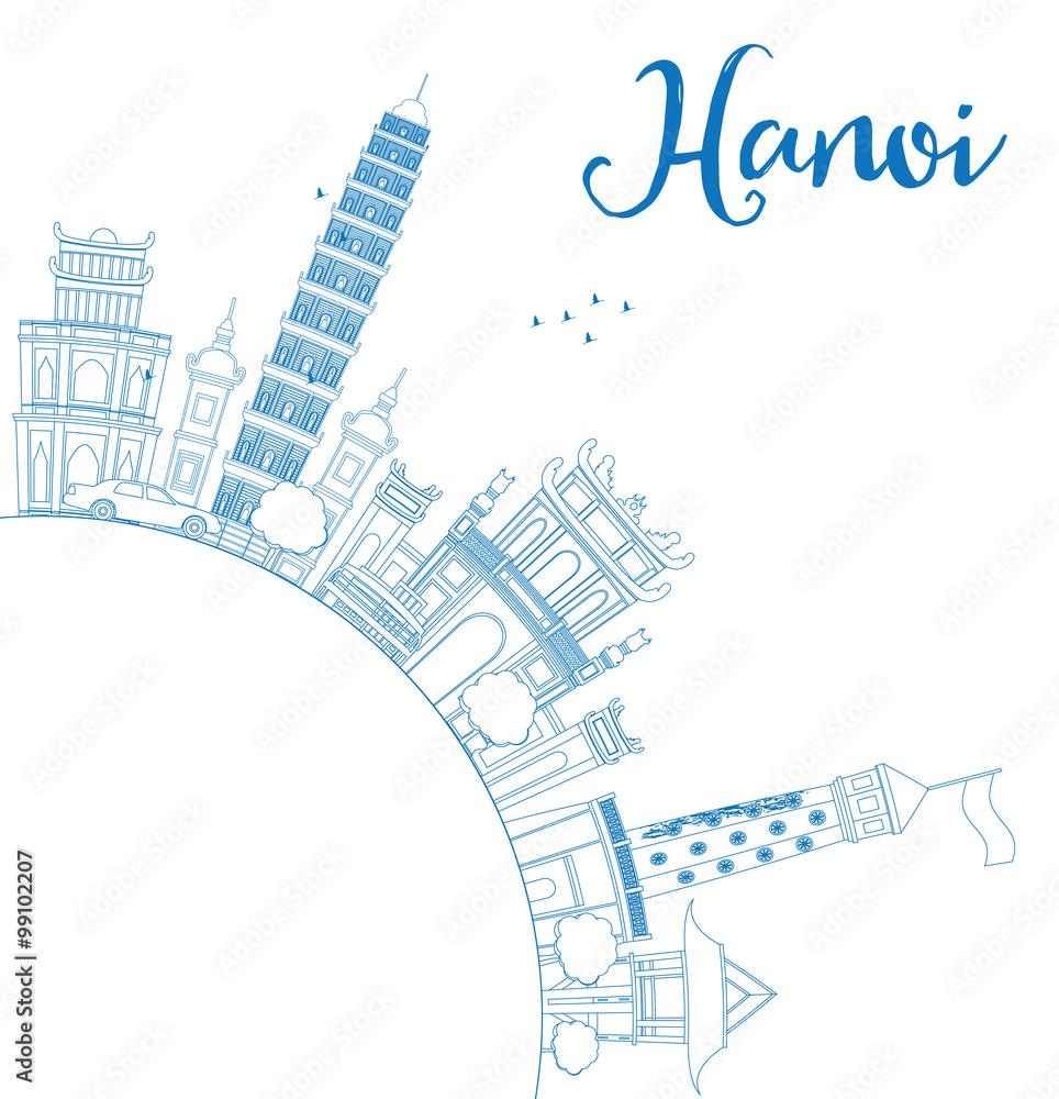 Outline Hanoi skyline with blue Landmarks and copy space. Some elements have transparency mode different from normal.