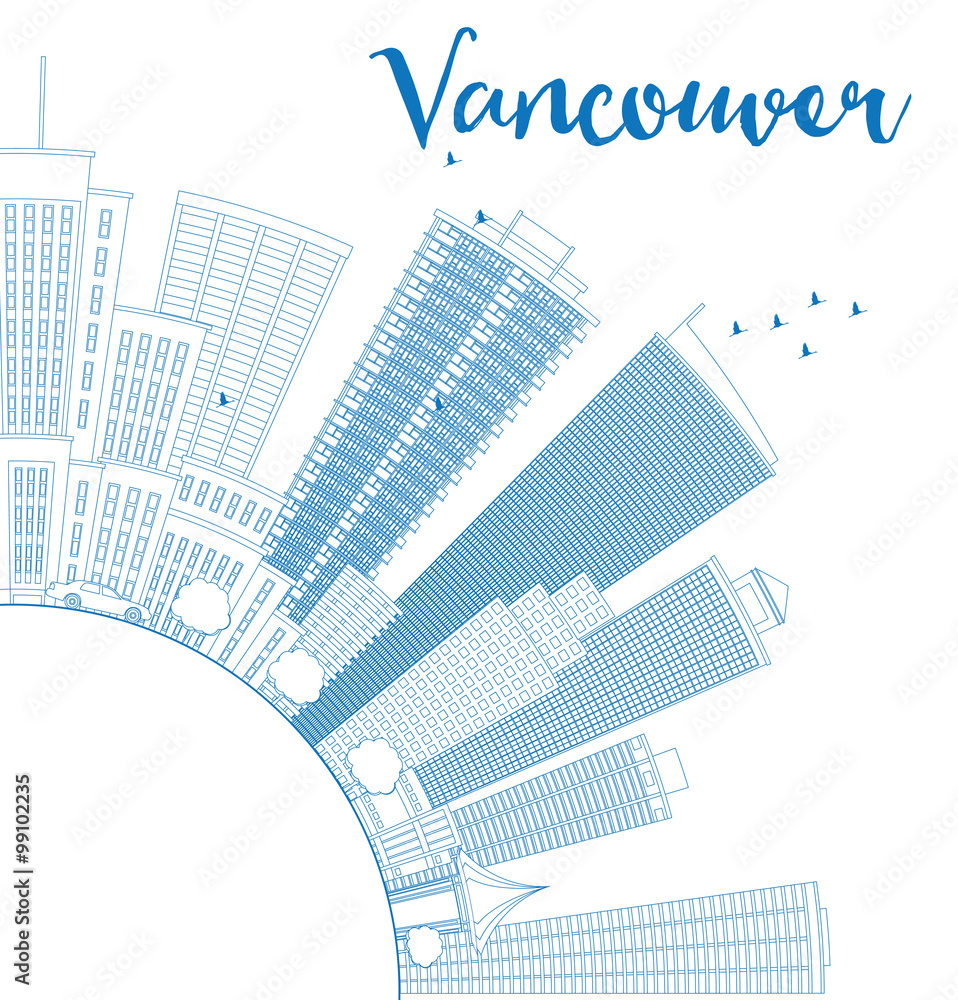 Outline Vancouver skyline with blue buildings and copy space. Some elements have transparency mode different from normal.